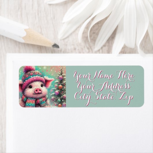 Pig in Scarf Snowflakes Personalized Christmas Etiket (Insitu)