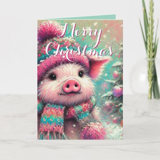 Pig in Scarf – Whimsical Snowflake Holiday Kaart (Voorkant)