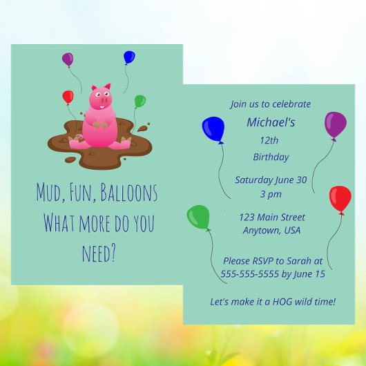Pig Party Invitation – Mud Fun & Balloons