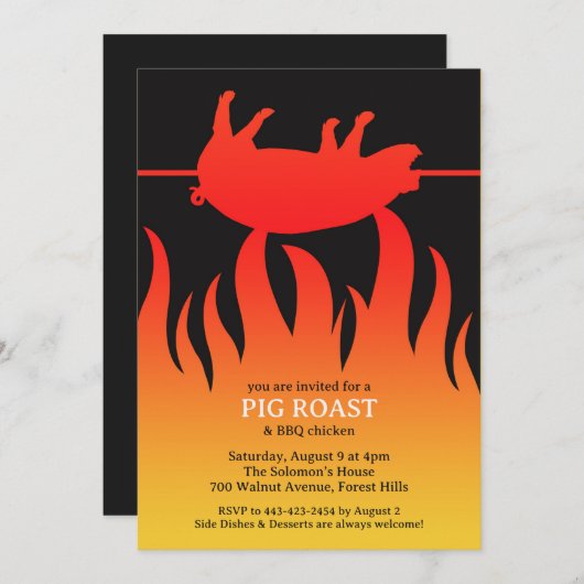 Pig Roast Flame BBQ Platte Uitnodiging (Voorkant / Achterkant)