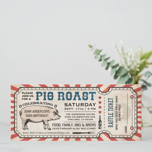 Pig Roast Ticket Uitnodigingen met Raffle Ticket v (Staand voorkant)