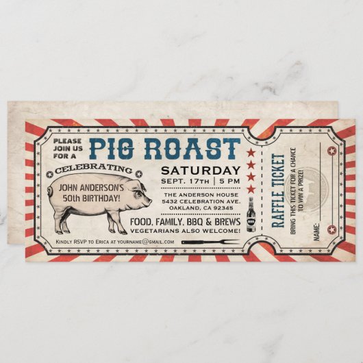 Pig Roast Ticket Uitnodigingen met Raffle Ticket v (Voorkant / Achterkant)