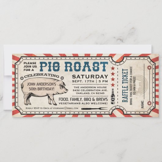 Pig Roast Uitnodigingen met Raffle Ticket (Voorkant)