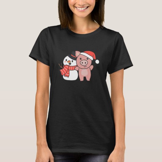 Pig With Snowman In Winter For Christmas T-shirt (Voorkant)