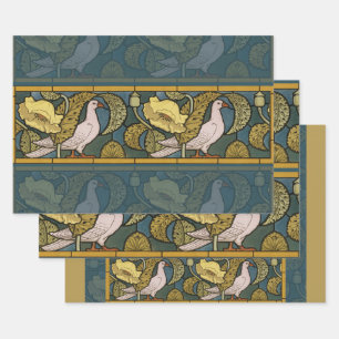 Pigeon Blue Yellow Fish Art Nouveau Inpakpapier Vel