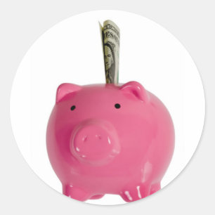 Piggy bank met geld ronde sticker