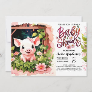 Piggy Pink Party Bloemen Baby shower Kaart