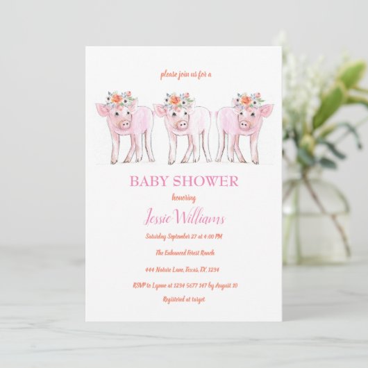 Piggy Triplets Baby shower Piglet Meisje Boerderij Kaart (Staand voorkant)