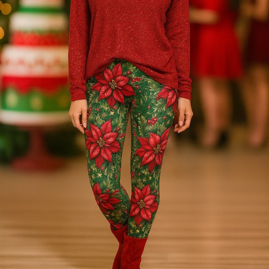 Pignon vert de Noël Poinsettia Floral Leggings