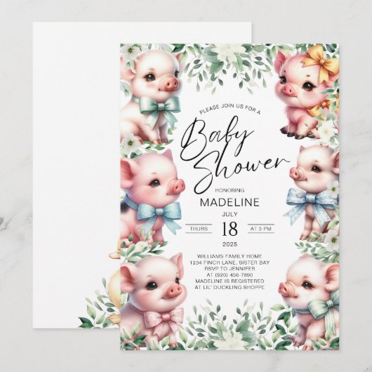 Pigs adorables Verdure Baby shower Invitation (Devant / Derrière)