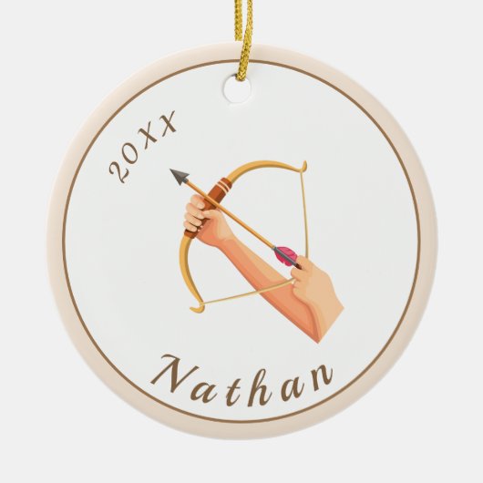 Pijl- en hoeknaam en pasteipap keramisch ornament (Voorkant)