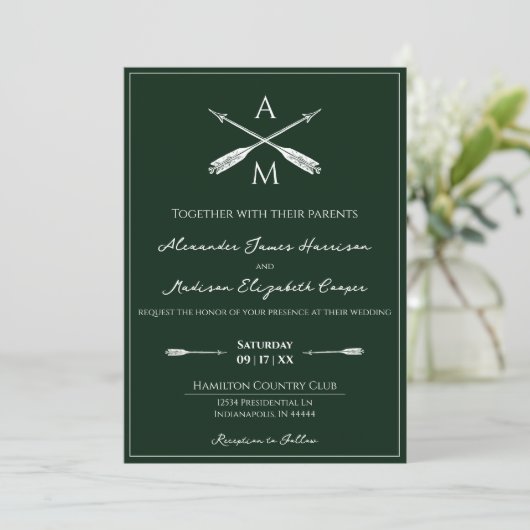 Pijlen en Monogrammen bruiloft | Emerald Green Kaart (Staand voorkant)