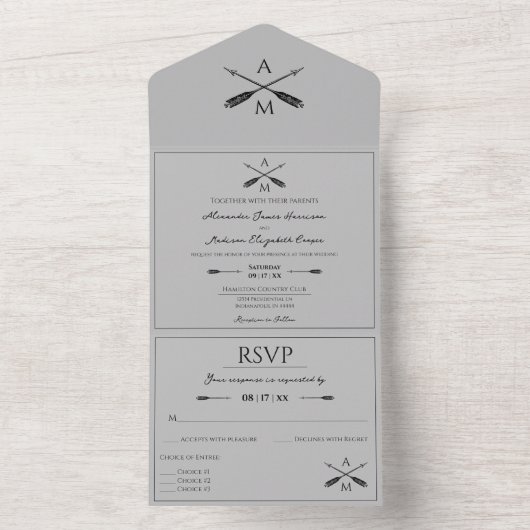 Pijlen en Monogrammen bruiloft | Grijs All In One Uitnodiging (Binnen)