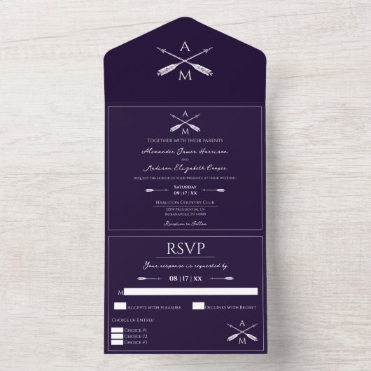Pijlen en Monogrammen bruiloft | PAARS All In One Uitnodiging (Binnen)