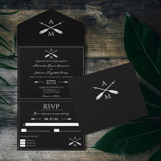 Pijlen en Monogrammen Trouwen | Black All In One Uitnodiging