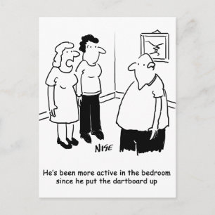 Pijltje bord in de slaapkamer. Grappige cartoon Briefkaart