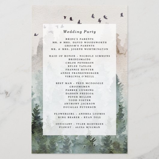 Pijn Tree Forest Rustic Waterverf Wedding Programm (Achterkant)