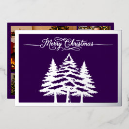 Pijnbomen en Vrolijk Kerstfeest in Paarse, Zilvere Folie Feestdagenkaart