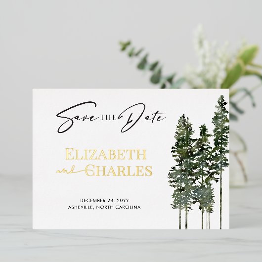 Pijnbomen Minimalistisch Elegant Bewaar de datum Folie Uitnodiging (Staand Voorkant)