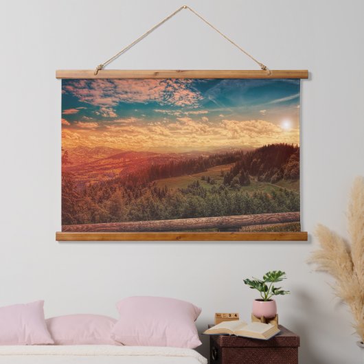 Pijnbomen onder blauwe hemel tijdens het gouden uu hangend wandkleed (Slaapkamer)