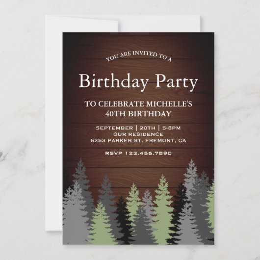 Pijnbomen rustiek hout winter verjaardagsfeestje kaart (Voorkant)