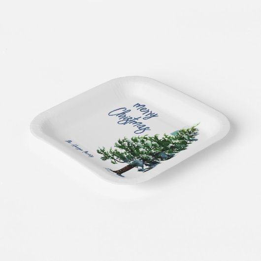 Pijnboom met sneeuwWaterverf die Kerstmis schilder Papieren Bordje (Gebogen)