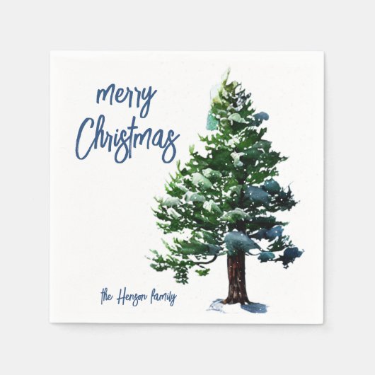 Pijnboom met sneeuwWaterverf die Kerstmis schilder Servet (Voorkant)