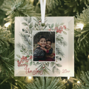 Pijnboomgroen Holly Red Foto Vrolijk Kerstfeest Glas Ornament