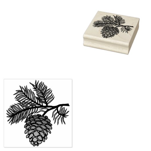 Pijnboomkegel en -tak 	rubberstempel (Gestempeld)