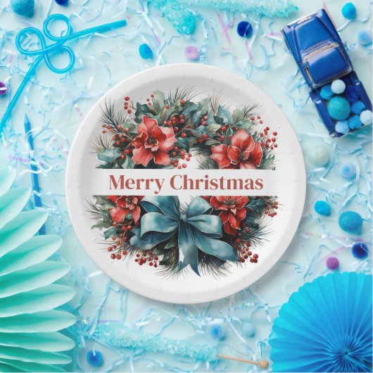 Pijnboomkrans met rode bloemen en Holly Papieren Bordje (Feest)