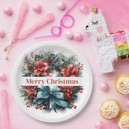 Pijnboomkrans met rode bloemen en Holly Papieren Bordje (Feest)