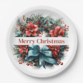 Pijnboomkrans met rode bloemen en Holly Papieren Bordje (Voorkant)