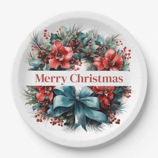 Pijnboomkrans met rode bloemen en Holly Papieren Bordje (Voorkant)