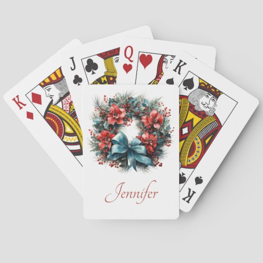 Pijnboomkrans met rode bloemen en Holly Pokerkaarten (Achterkant)