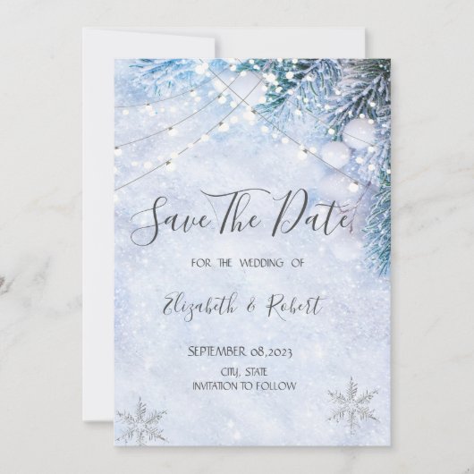 Pijnboomtakken, sneeuwstrijklichtenDe datum opslaa Save The Date (Voorkant)
