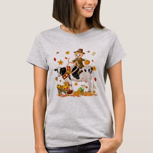 Pilgrim Boy Riding Cow Thanksgiving Pilgrim Boy T-shirt (Voorkant)