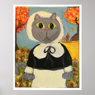 Pilgrim Cat Thanksgiving Meisje Schilderen Volksku Poster