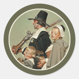 Pilgrim Familie. kunstThanksgiving Ronde Sticker