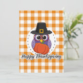 Pilgrim Owl on Oranje Pset - Happy Thanksgiving Feestdagenkaart (Staand voorkant)
