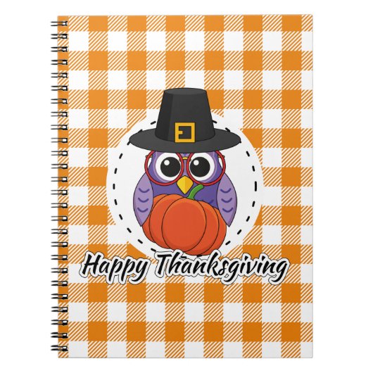 Pilgrim Owl on Oranje Pset - Happy Thanksgiving Notitieboek (Voorkant)