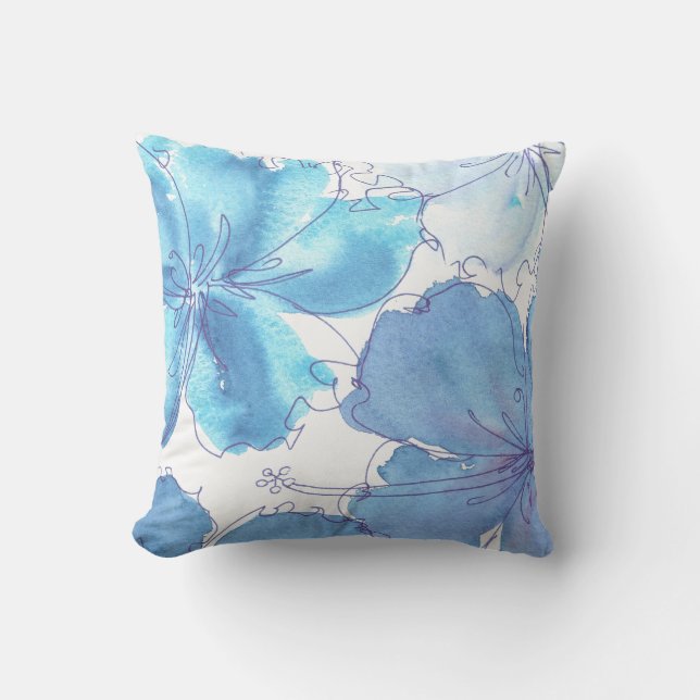Pillow - Blue Hibiscus flower - Waterverf Kussen (Voorkant)