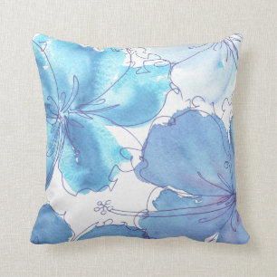 Pillow - Blue Hibiscus flower - Waterverf Kussen