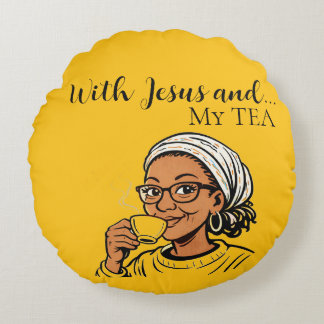 Pillow depicting Jesus and My Tea Rond Kussen