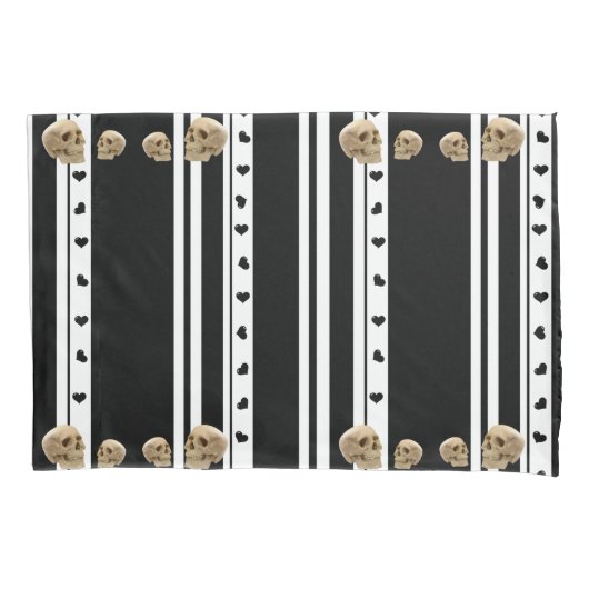Pillow Hoesje Skulls Black Hearts White Stripe Kussensloop (Voorkant)