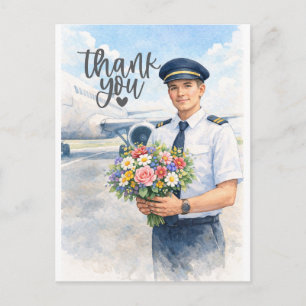 Piloot houdt bloemen staand op de startbaan briefkaart