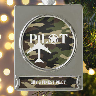 Piloot & Militair vliegtuig, Camouflage, Minimalis Verzilverd Banner Ornament
