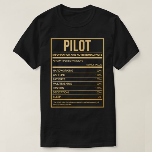 Pilot Funny Pilot Nutrition Label in Gold T-shirt (Design voorkant)