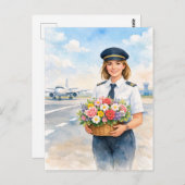 Pilot holds flowers standing on runway  briefkaart (Voorkant / Achterkant)