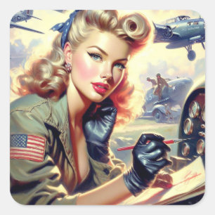 Pilot Pin Up Vierkante Sticker