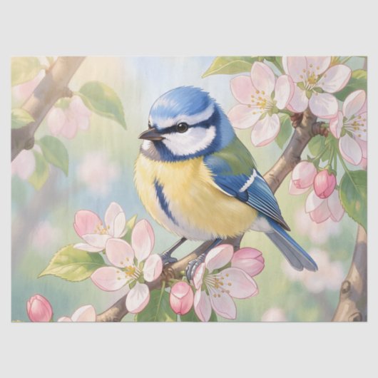 Pimpelmees op appelboom lente decoupage tissuepapier (Voorkant)